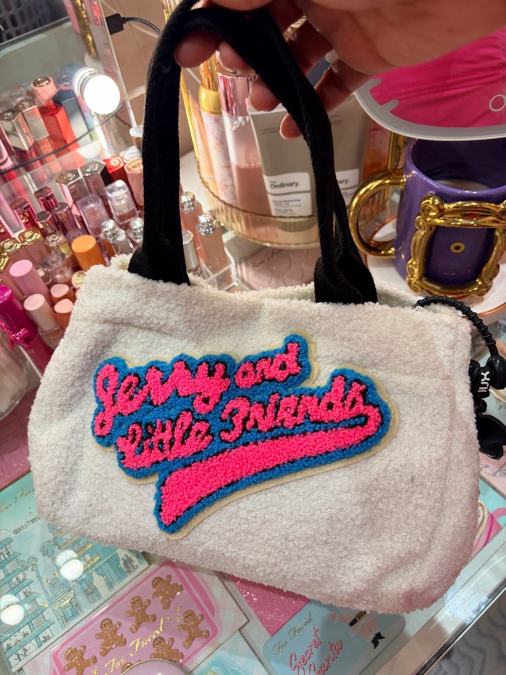 White Sherpa Tote with Pink & Blue Patch - Women Bags
